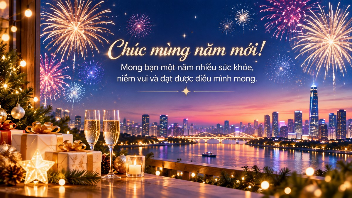 Chúc mừng năm mới! Mong bạn một năm nhiều sức khỏe, niềm vui và đạt được điều mình mong.