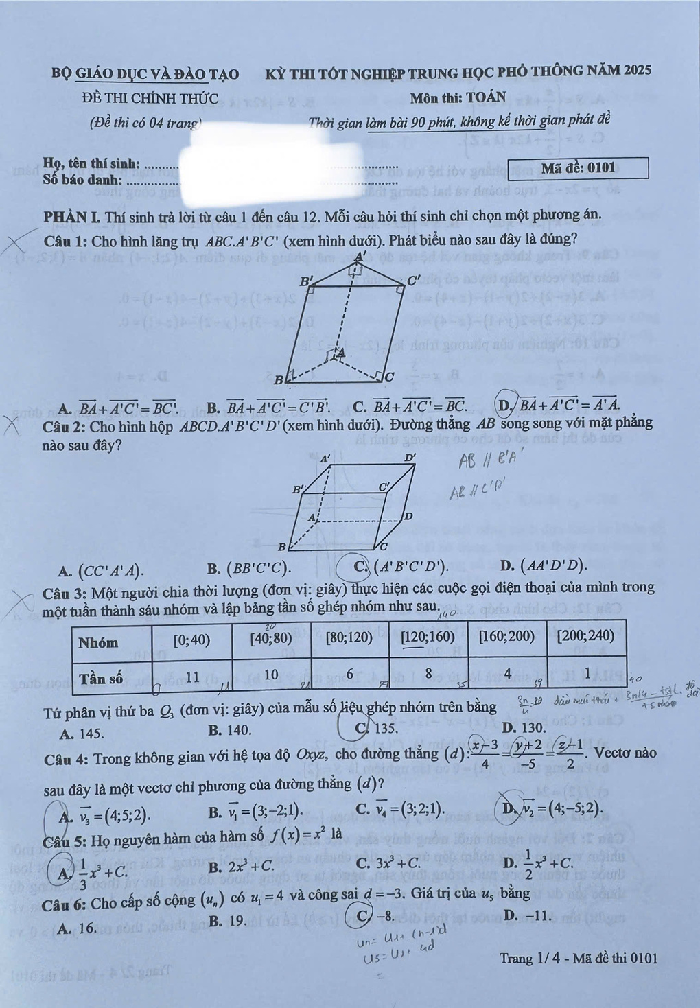 Trang 1 đề thi Toán THPT năm 2025 mã 0101