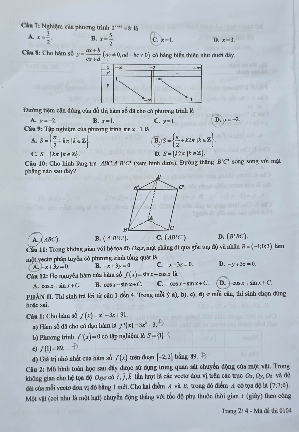 Trang 2 đề thi Toán THPT năm 2025 mã 0104