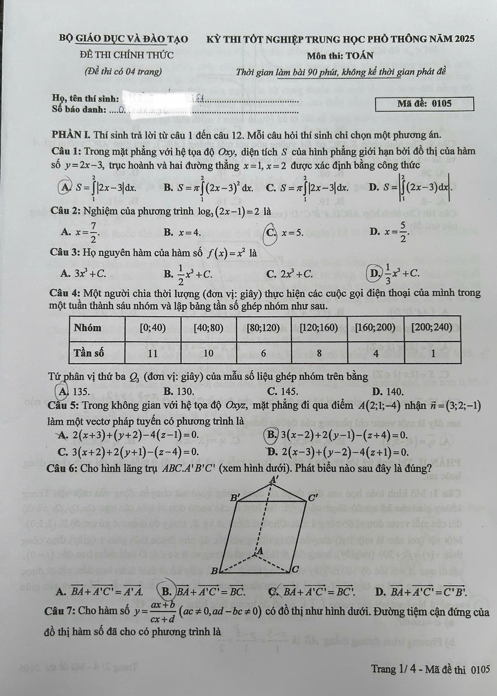 Trang 1 đề thi Toán THPT năm 2025 mã 0105