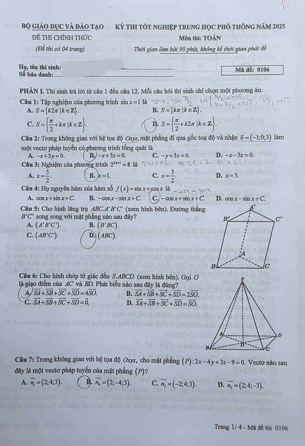 Trang 1 đề thi Toán THPT năm 2025 mã 0106