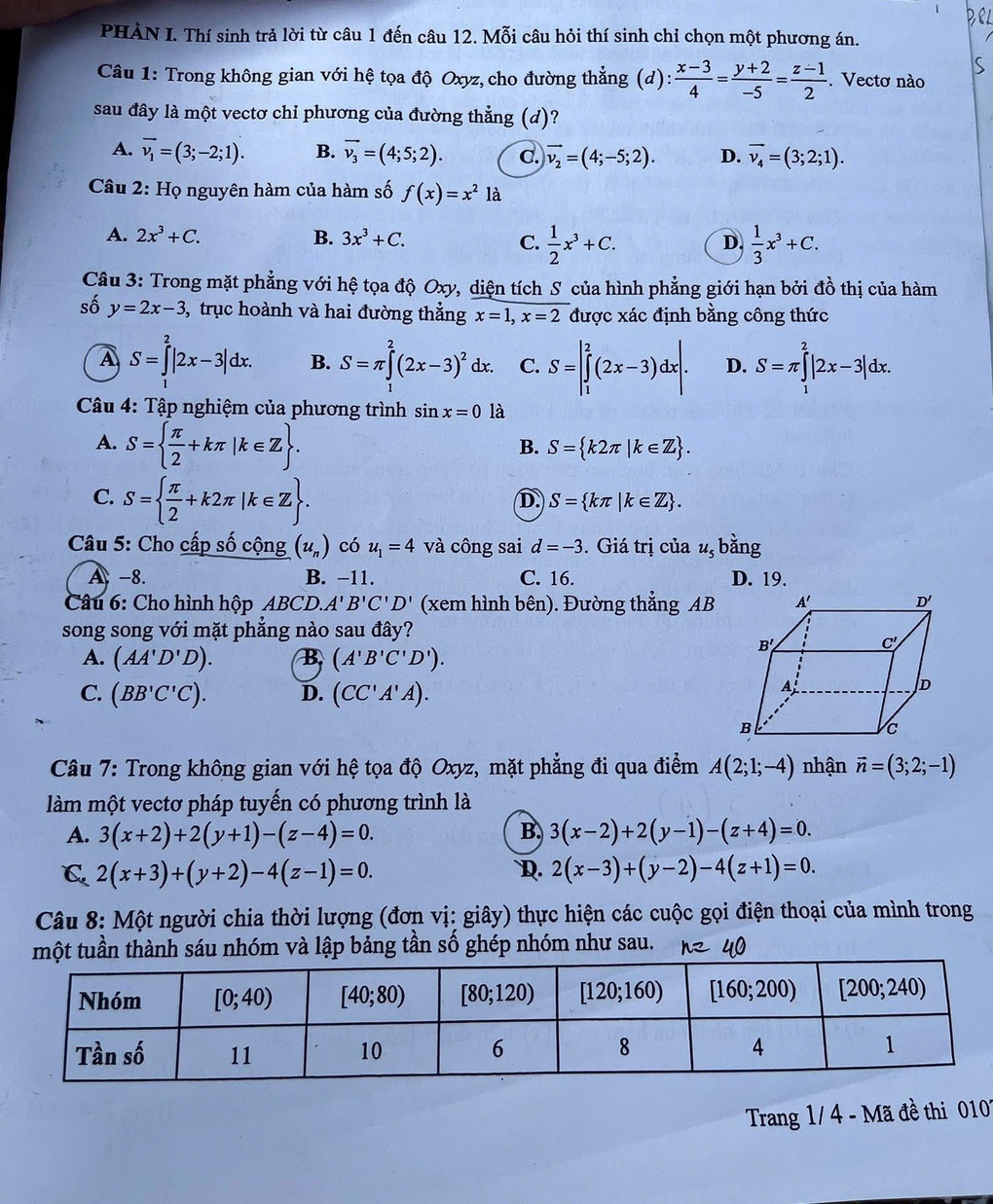 Trang 1 đề thi Toán THPT năm 2025 mã 0107
