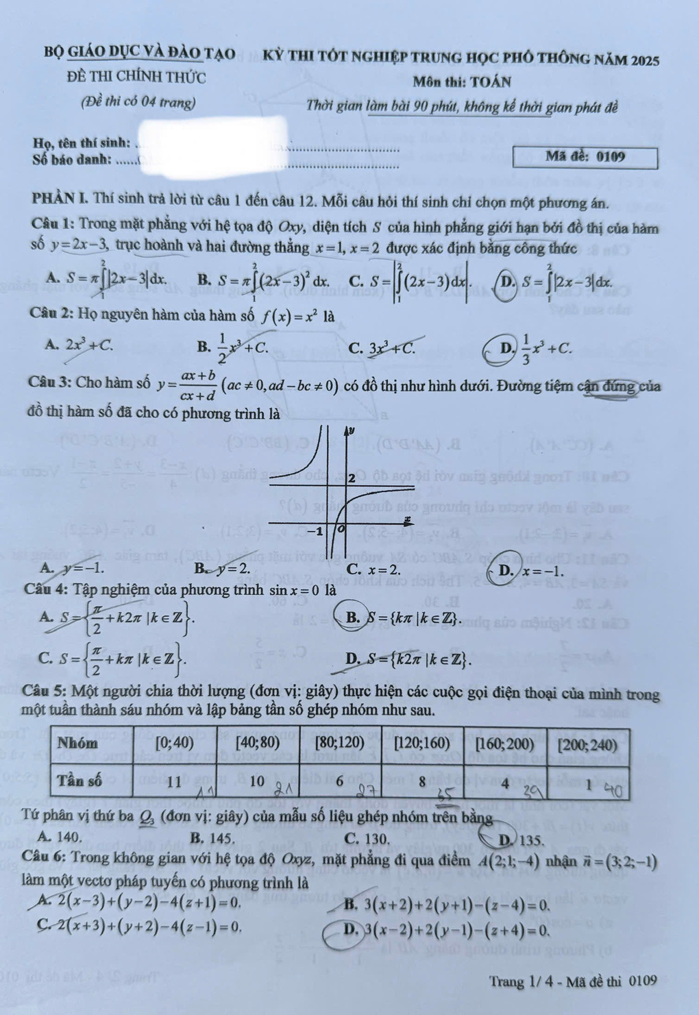 Trang 1 đề thi Toán THPT năm 2025 mã 0109