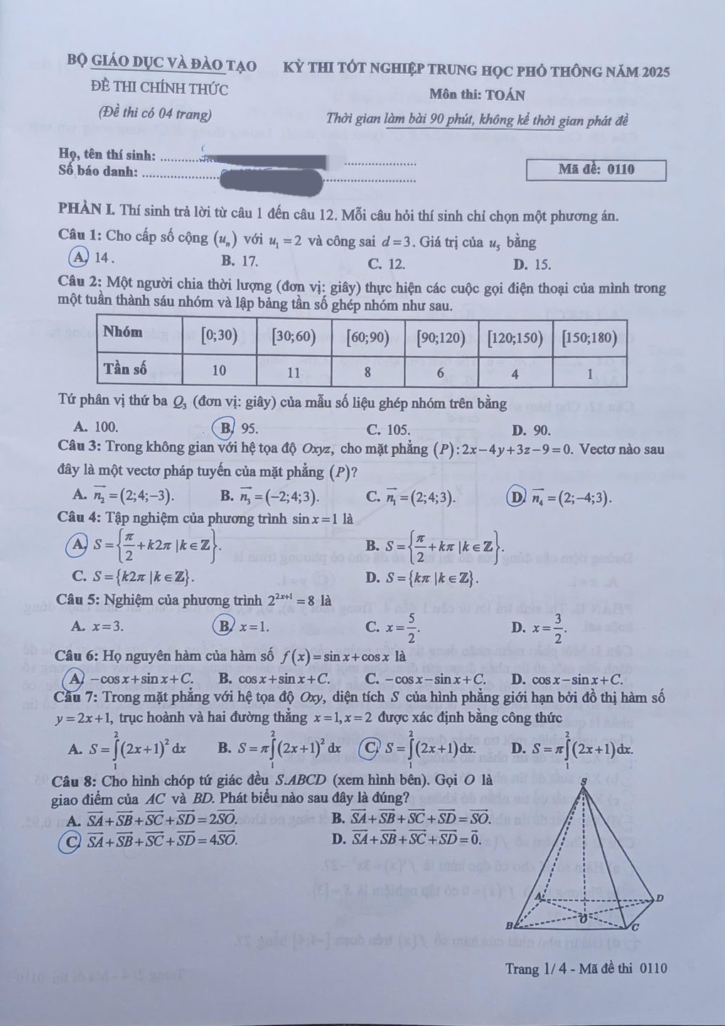Trang 1 đề thi Toán THPT năm 2025 mã 0110
