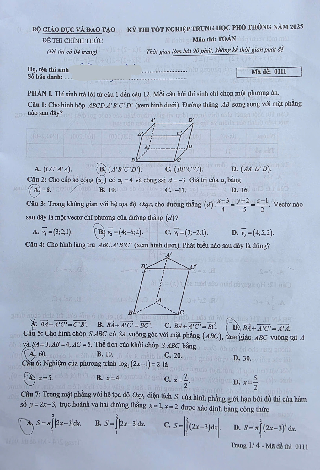 Trang 1 đề thi Toán THPT năm 2025 mã 0112