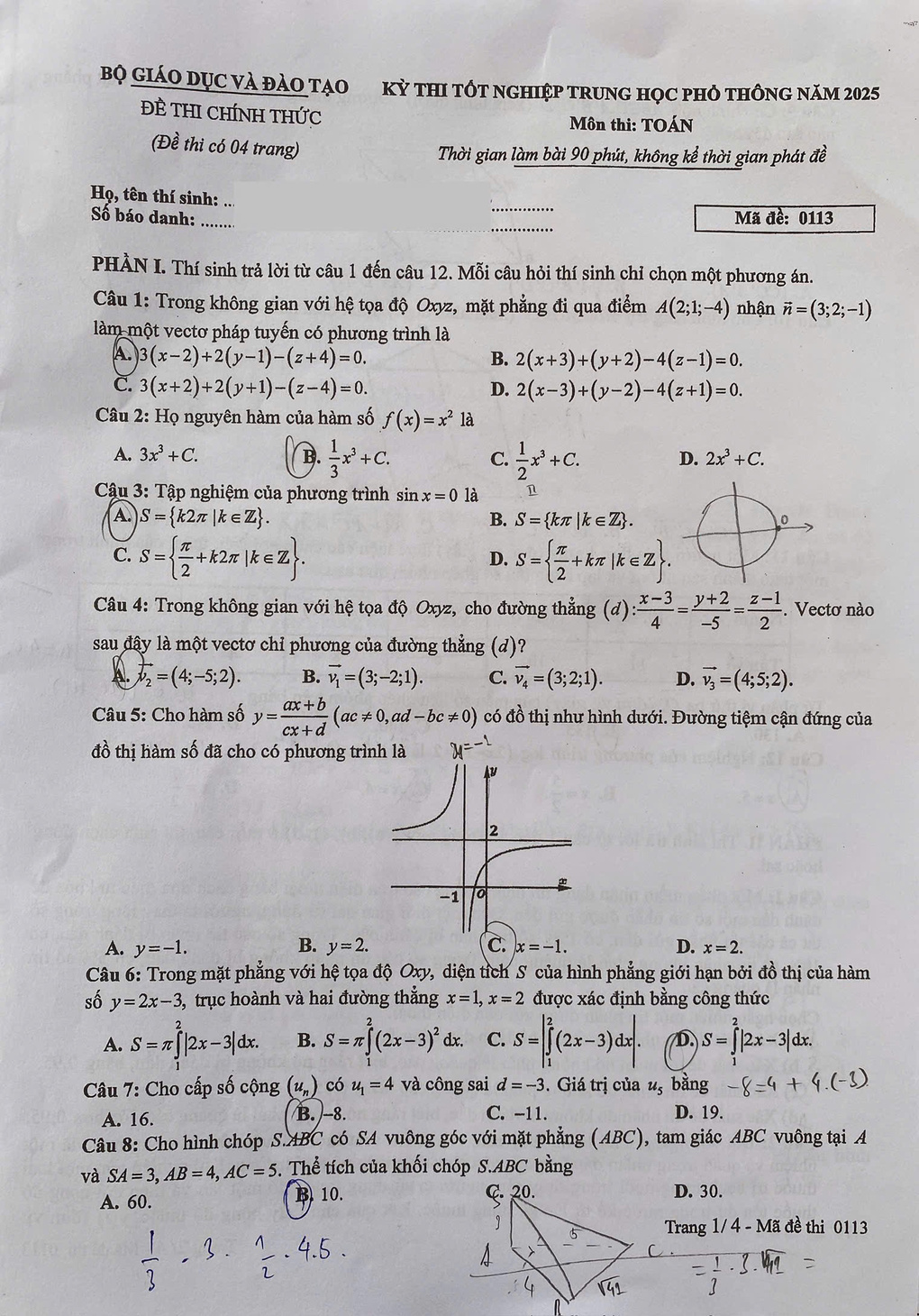 Trang 1 đề thi Toán THPT năm 2025 mã 0113