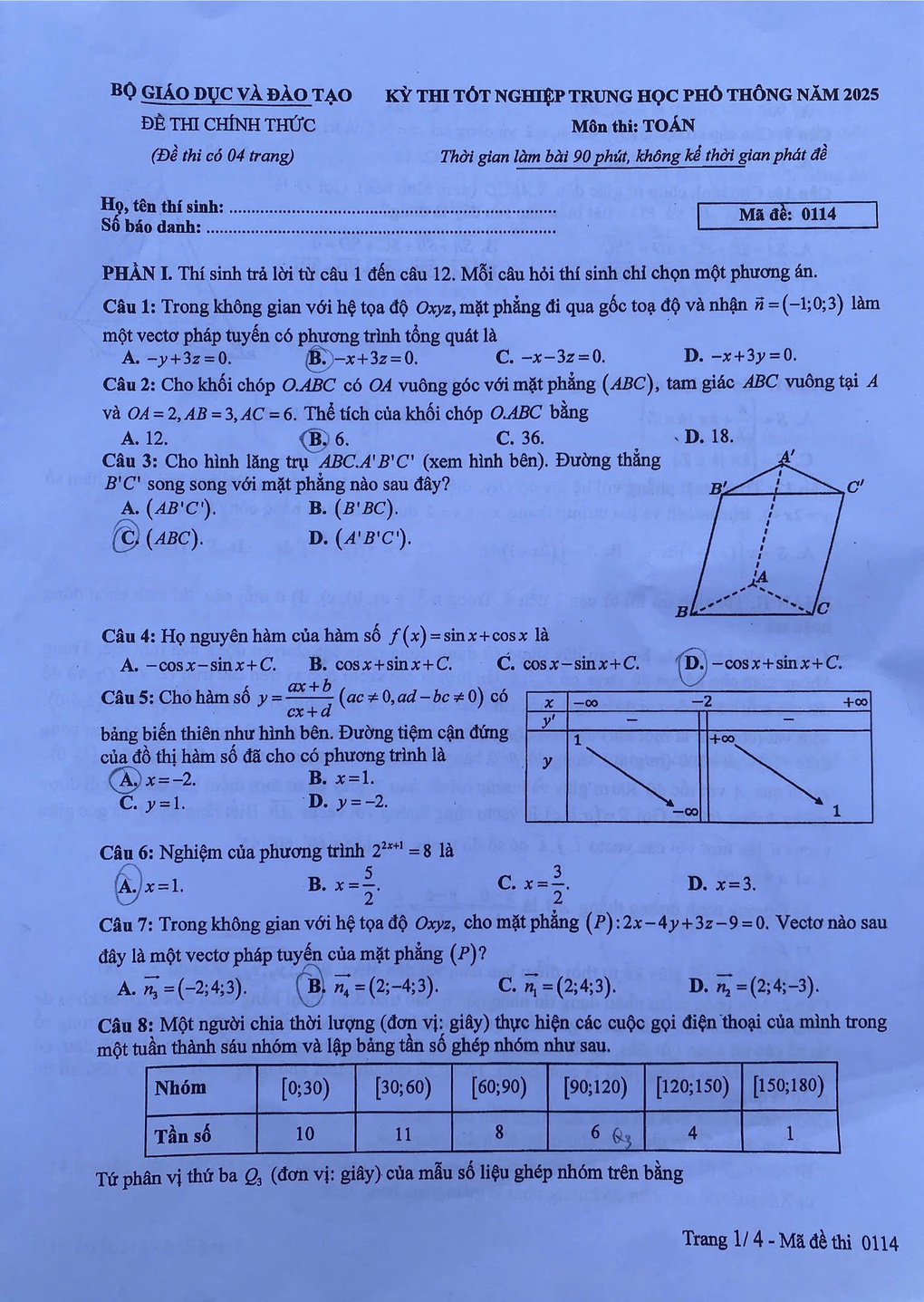 Trang 1 đề thi Toán THPT năm 2025 mã 0114