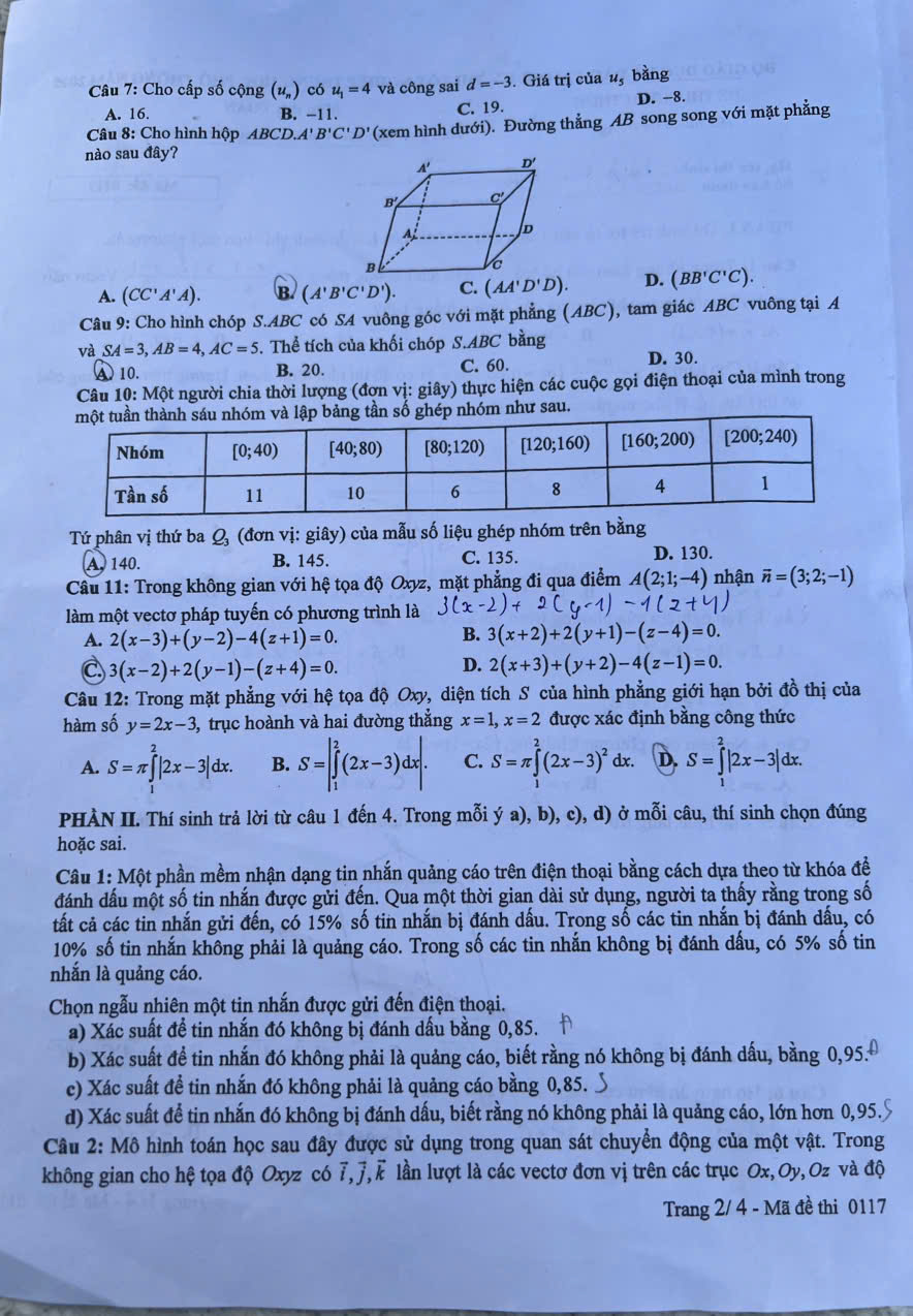 Trang 2 đề thi Toán THPT năm 2025 mã 0117