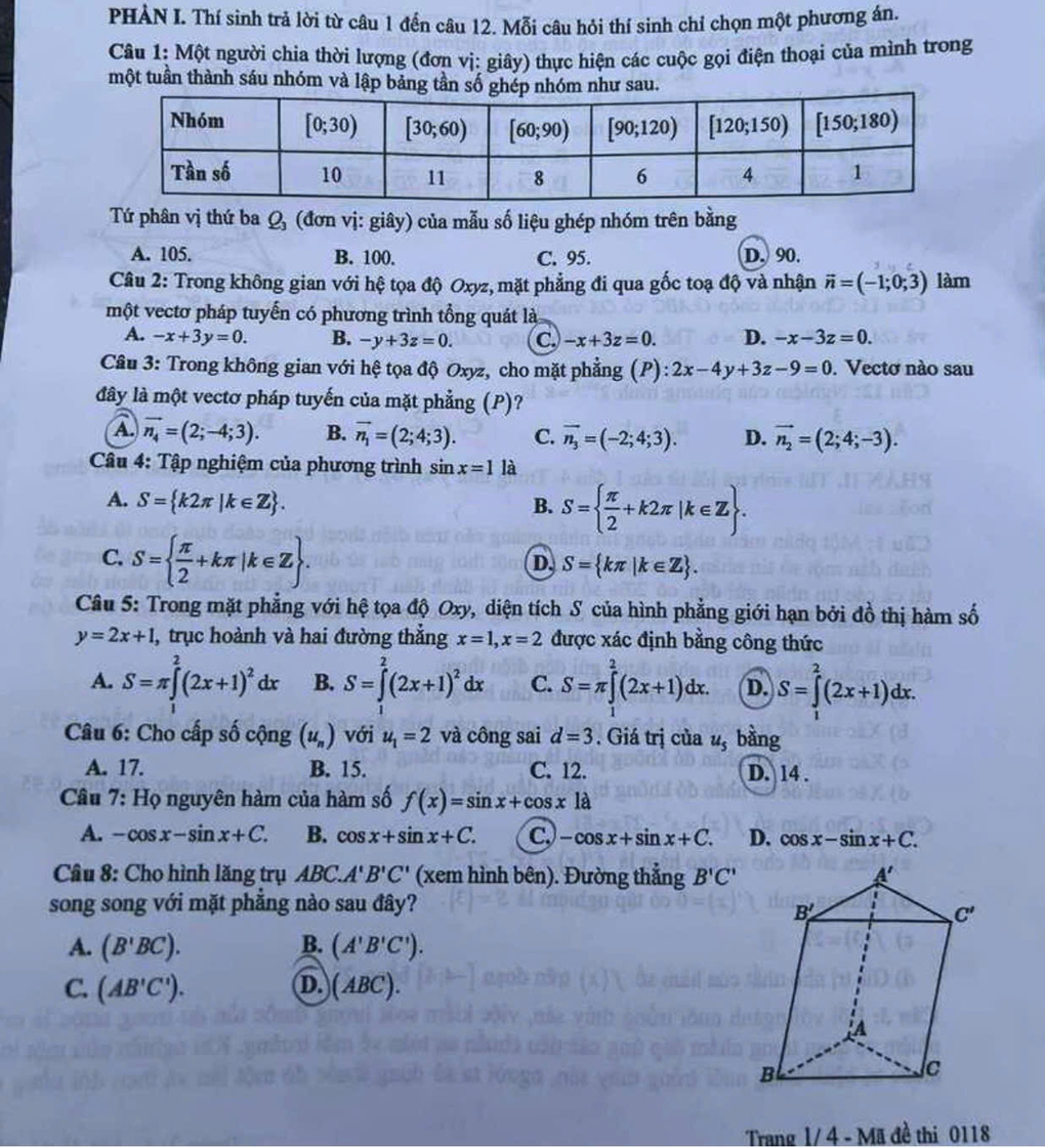 Trang 1 đề thi Toán THPT năm 2025 mã 0118