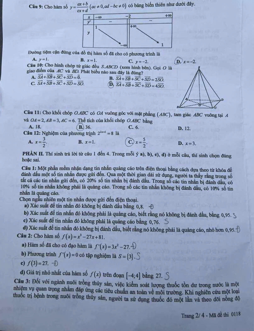 Trang 2 đề thi Toán THPT năm 2025 mã 0118