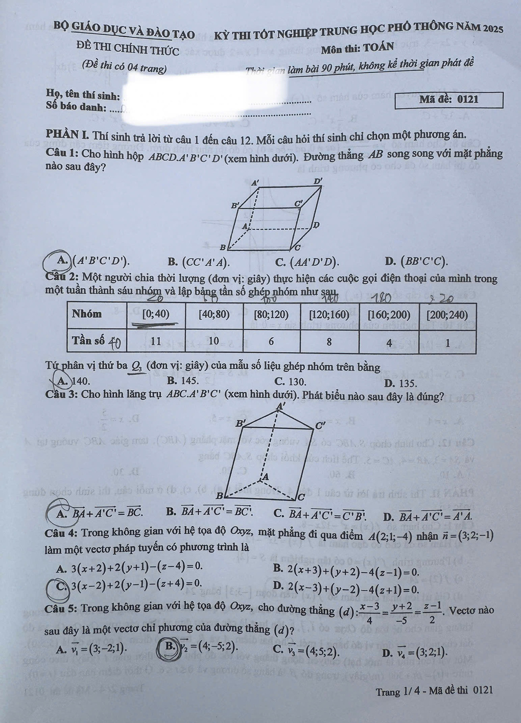 Trang 1 đề thi Toán THPT năm 2025 mã 0121