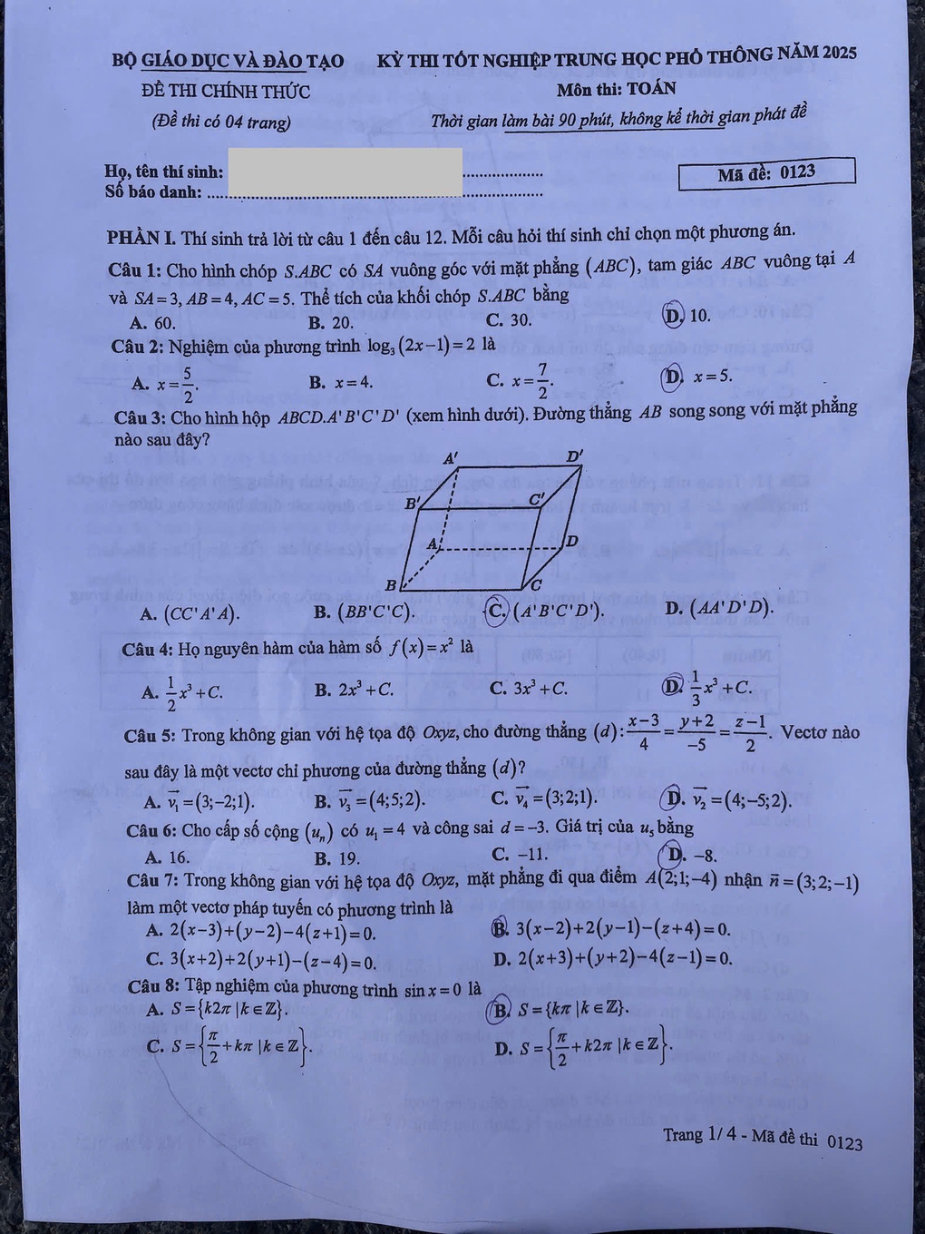 Trang 1 đề thi Toán THPT năm 2025 mã 0123